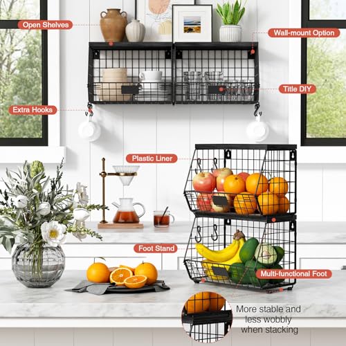 Black Kitchen Wall Hanging Storage Basket Set of 2, Rustic Stackable Kitchen Counter Fruit Organizer, Wire Baskets Container for Veggie, Garlic, Produce, Onion and Potato (Black Shelf) - view 6