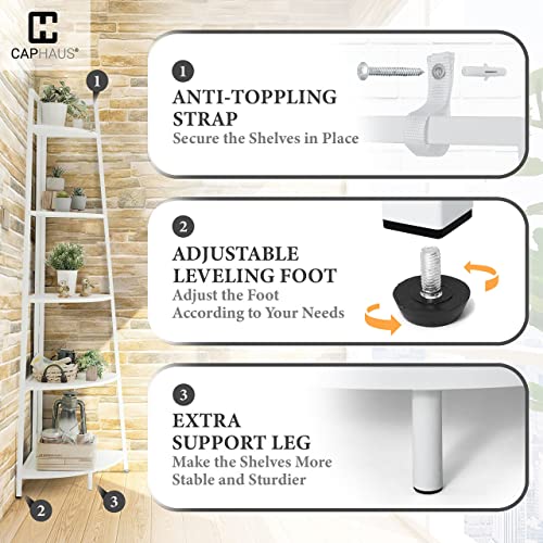 5-Tier Corner Shelf Stand, Tall Display Shelves, Ladder Corner Wood Storage Plant Bookshelf with Metal Frame, Versatile Shelving Unit Bookcase for Home Office Space, White - view 5