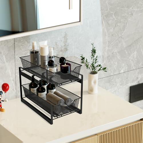 2 Tier Bathroom Organizer Under Sink with Pull Out Drawer (Black) - view 5