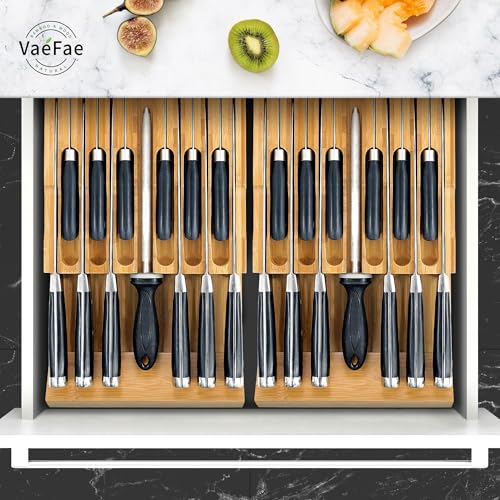 Bamboo Knife Drawer Organizer, Knife Drawer Organizer Insert, Kitchen Drawer Knife Block for 12 Knives and a PLUS Slot for your Knife Sharpener (Without Knives) - view 6