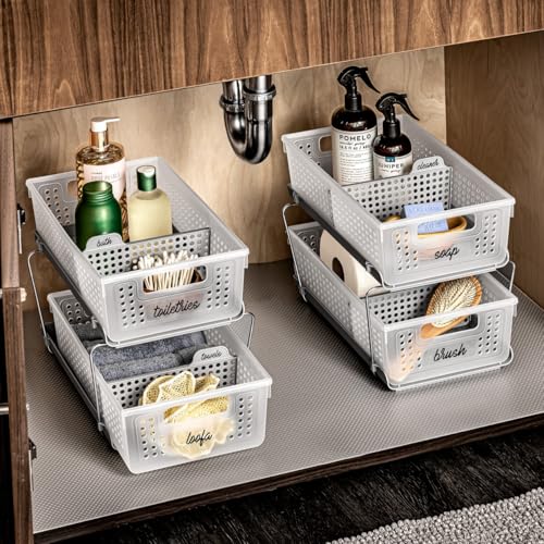 2 Tier Organizer, Under Cabinet Storage with Pull Out Sliding Drawers, for Cleaning Supplies, Pantry, Undersink, Sponges, Bottles & Bath, Pull Out Baskets, Frost 2 PACK - view 4
