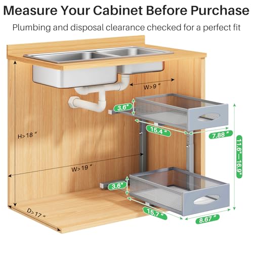 2 Pack Under Sink Organizer, 2 Tier Pull out Cabinet Organizer Mesh Baskets with 5 Adjustable Heights, Sliding Drawers Storage Shelf for Home, Kitchen, Bathroom, Pantry, Office, Countertop,Grey - view 2
