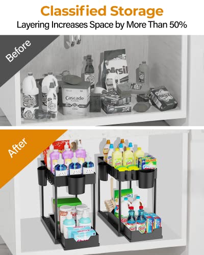 2 Pack Under Sink Organizers and Storage Bathroom, 2 Tier Under Sliding Kicthen Cabinet Basket Organizer with Hooks, Hanging Cup, Dividers, Handles, Multi-purpose Under Sink Shelf Organizer, Black - view 4