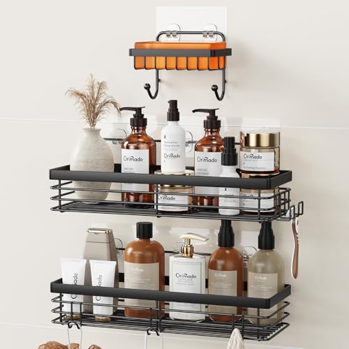 Adhesive Shower Caddy Soap Dish Holder Shelf with 5 Hooks Bathroom Organizer Basket Kitchen Storage Rack Wall Mounted No Drilling Stainless Steel - 3 Pack, Black