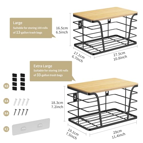 2 Pack Extra Large Pantry Storage Organizers, Pantry Baskets organization, Potato and Onion Storage Bin, Wall Mount Trash Bag Storage for 13-33 Gallon Bags with Bamboo Top, Black - view 3