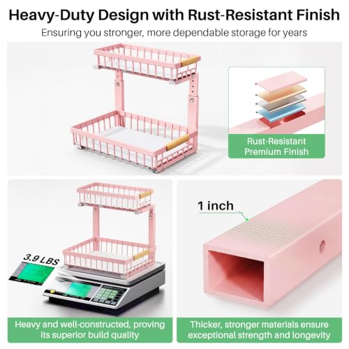 Under Sink Organizer, 2 Tier Under the Sink Storage, Slide out Pull out Cabinet Organizer Shelf, Metal Sliding Drawer for Kitchen Bathroom Pantry Closet Organization Rack, Pink, 2 Pack - view 7