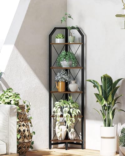59.4" Corner Shelf, 5-Tier Industrial Corner Bookshelf, Corner Storage Stand, Plant Stand Display Shelf, Bookcase for Bedroom, Living Room, Home Office, Rustic Brown and Black TCJ10BF - view 5