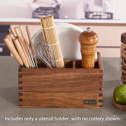 Acacia Wood Utensil Holder, Paper Plate Dispenser Organizer for Countertop - 4 Compartment Silverware Caddy for Friendsgiving Party - Cutlery Holder for Cup, Fork, Spoon, Kitchen, Camping - view 6
