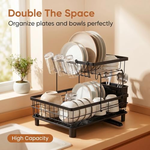 Space Saving 2 Tier Dish Drying Rack for Small Counter,Compact Kitchen Organizer with Drain Tray,Foldable Plate Rack and Cup Holder(Black) - view 6