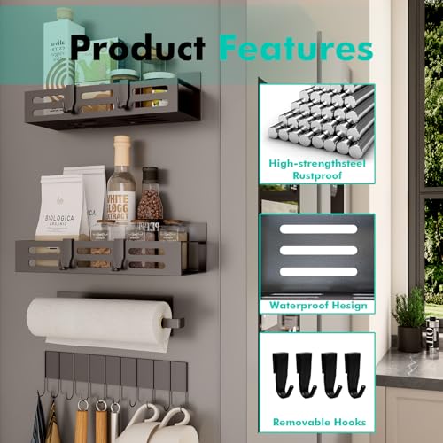 4 Pack Magnetic Spice Rack for Refrigerator with 4-Hook Rack and Paper Towel Holder, Black Magnetic Shelf and Fridge Kitchen Cabinet Organizers Storage Seasoning Organization Mini Shelves. - view 4