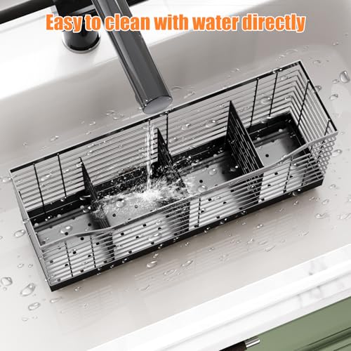 Extra Large Kitchen Utensil Holder Exquisite And Durable Kitchen Utensil Organizer，Knife Fork Spatula Utensils Drainage Rack Basket Accessories With Hooks, Rust Proof，Non-Slip Feet（4compartments） - view 6