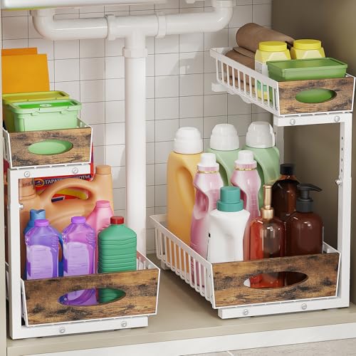 2 Pack Metal Under Sink Organizer with Sliding Drawer, White
