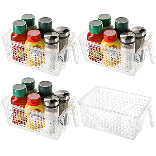 4 Pack Plastic Storage Bins with Handle, BPA-Free Kitchen Pantry Cabinet Refrigerator Food Storage Organizer for Snacks, Food, Produce, Pasta