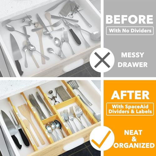 Bamboo Drawer Dividers with Inserts and Labels, Kitchen Adjustable Drawer Organizers, Expandable Organization for Home, Office, Dressers and Bathroom, 6 Dividers with 12 Inserts (17-22 in) - view 4