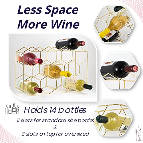 Countertop Wine Rack - 14 Bottle Freestanding Modern Gold Metal Small Wine Rack - 3 Tier Tabletop Wine Holder Stand for Cabinet, Pantry, Wine Bottle Storage - No Assembly Required - view 3
