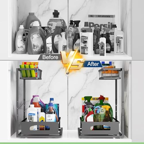 Under Sink Organizer, 2 Pack Height-Adjustable Cabinet Organizer with Slide-Out Bottom Drawer, Fits Around Pipes, Heavy-Duty Metal Storage for Kitchen and Bathroom, Black (Black, 2 Pack) - view 6