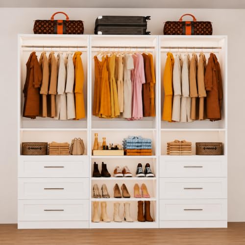 Closet System with 3 Sets, 6-15FT Modular Closet Organizer Systems with 6 Wood Drawers & 6 Shelves Walk in Closet System Tower with 6 Rods, Custom Closet Organizer Kits with Shoe Storage, White