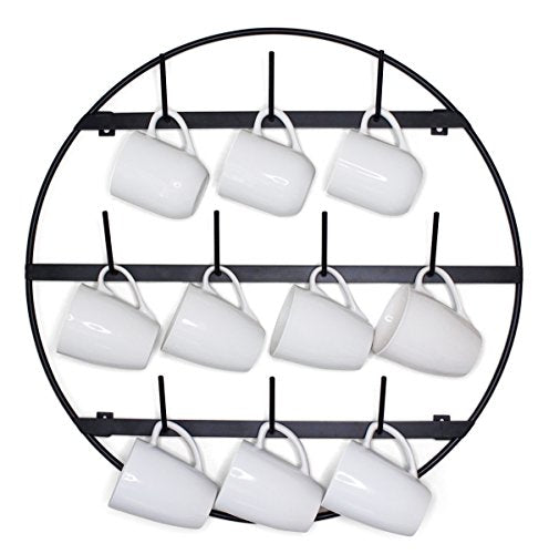 Mug Rack with Sturdy Steel Frame, Matte Black Finish, Removable Rubber Caps, Wall Mounted (Round 24" x 24")