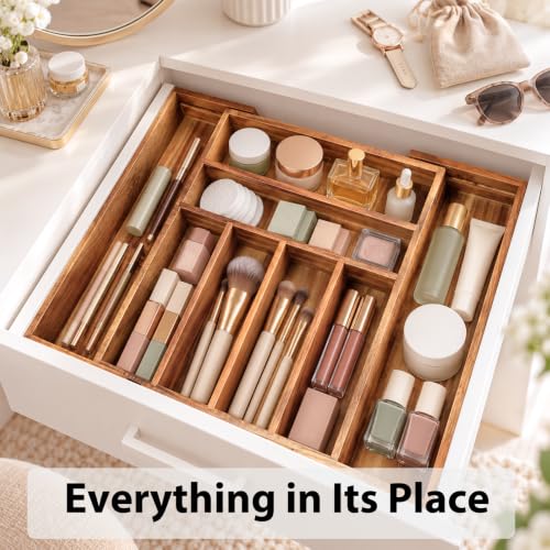 Acacia Wood Expandable Silverware Organizer, Kitchen Utensil Drawer Organizer for Forks & Spoons, 8-Compartment Cutlery Tray, Flatware Holder - view 6