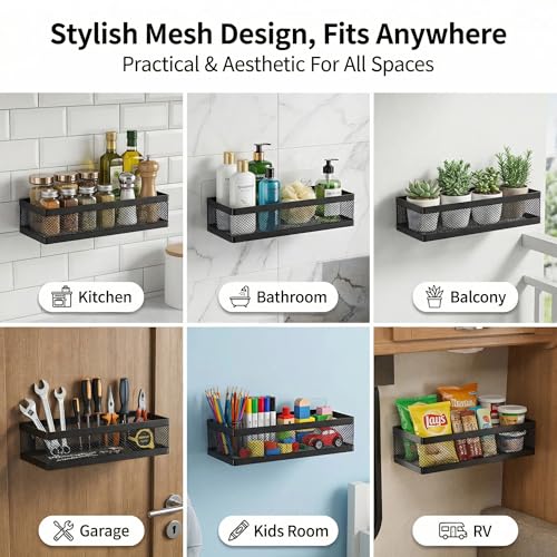 Mesh Shower Caddy Wall Mount, Heavy Duty Adhesive Bathroom Shelf Organizer, Rustproof Floating Spice Rack for Kitchen Pantry, Holds 50 LBS, Multi-Purpose Storage Black-2 Packs (Netting) - view 4