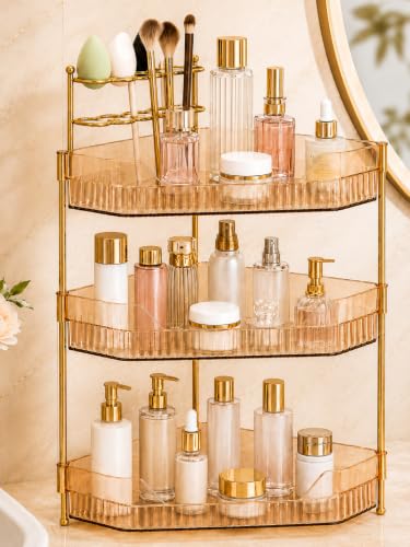 Corner Bathroom Counter Organizer with Makeup Brush Holder & Toothbrush Holders, Makeup Organizer for Vanity Countertop, Acrylic Skincare Storage Shelf (Amber, 3-Tier)
