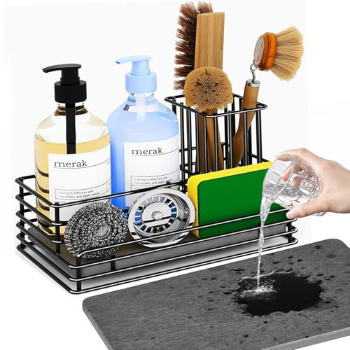 Kitchen Sink Caddy: Sink Sponge with Instant Drying Stone, Metal Stainless Steel Dish Sponge Holder Basket for Sponges, Scrubbers, Soap, 9.5" X 5.5" X 5.7" Home Decor Storage and Organization