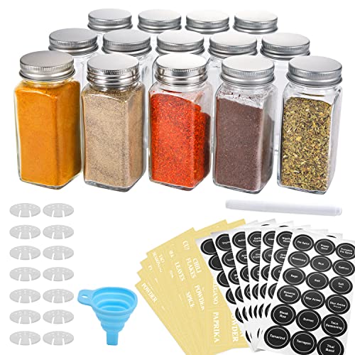 14 Pcs Glass Spice Jars with Spice Labels - 4oz Empty Square Spice Bottles - Shaker Lids and Airtight Metal Caps - Chalk Marker and Silicone Collapsible Funnel Included