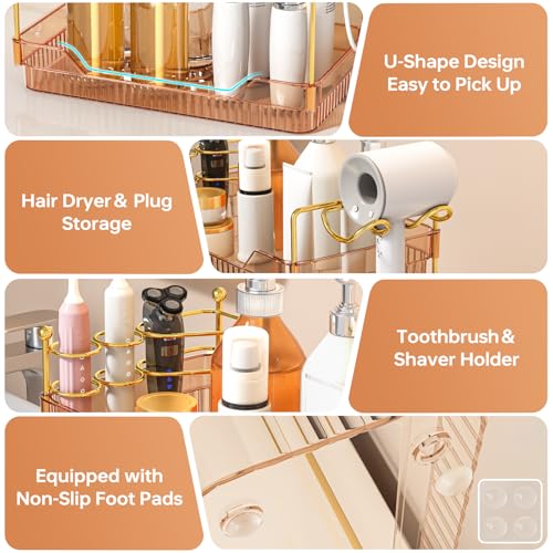 3-Tier Bathroom Countertop Organizer - Amber Acrylic Vanity Trays with Hair Dryer & Toothbrush Holder - Luxury Skincare, Perfume & Makeup Storage Rack for Countertop, Dresser & Cabinet - view 4