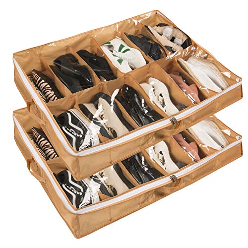 Under Bed Shoe Storage Organizer - Underbed Closet Solution With 2 Metal Zippers, 3 Handles, Clear Cover - Fits 24 Pairs of Men's and Women's Shoes - Set of 2, Yellow