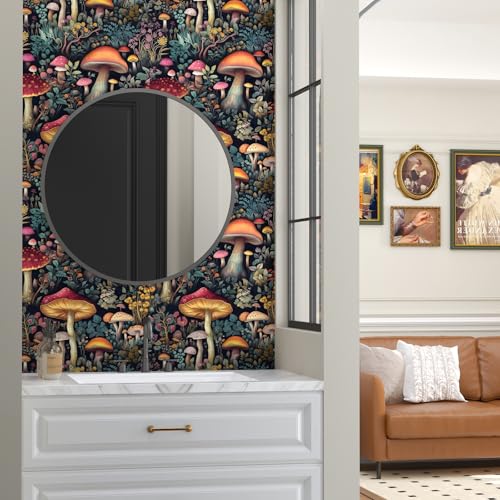 Mushoroom Wallpaper Peel and Stick Boho Black Red 17.5 x787In - view 3