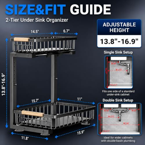 Under Sink Organizer 2 Pack, Double Slide Out Metal Shelf, Black - view 2