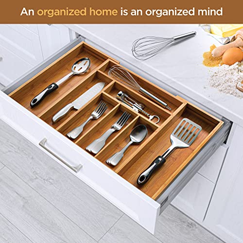 Bamboo Drawer Organizer - 8 Compartment Expandable Silverware Organizer and Utensil Holder, 17 Inch Long, 13 to 22 Inch Wide, 2 Inch Deep Kitchen Cutlery Tray Insert for Flatware Knives Large Utensils - view 3