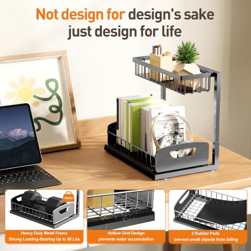 Under Kitchen Sink Organizer, Metal Pull Out Bathroom Organizers and Storage, 2-Tier Cabinet Organizer Shelf with Sliding Drawer, Home Organization for Kitchen, Laundry, Pantry, Dark Grey, 2 pack - view 7