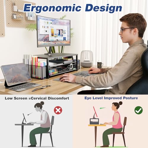 Desk Organizer and Accessories, 2-Tier Computer Monitor Stand Riser with Drawer and 2 Pen Holders, Laptop Stand, Office Desk Accessories for Office Supplies, Black - view 2