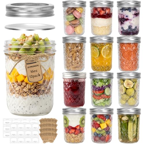 16 oz 12 Pack Crystal Mason Jars With Airtight Lids