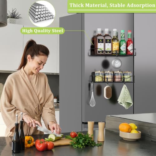 Magnetic Spice Rack for Refrigerator, 2 Pack Strong Magnet Spice Organizer Shelves with Hooks, Magnetic Fridge Shelf for Kitchen Organization and Storage, Seasoning Organizer Gadgets (Black) - view 6