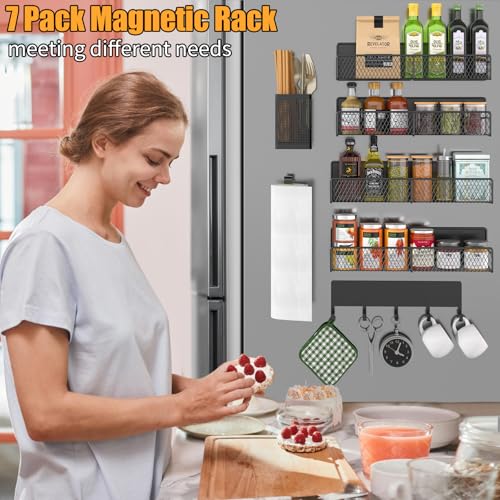 Magnetic Spice Rack for Refrigerator, 7 Pack Metal Shelf Black, Moveable Organizer with Hook Rack, Paper Towel Holder, Kitchenware Strong Storage Fridge - view 5