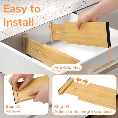 Bamboo Expandable Drawer Dividers – Fits 12.2"–17" Drawers, 4" Extra Deep Walls, Set of 4 | Tall Spring-Loaded Separator for Baby Dresser, Sock Drawer & Bathroom Cabinet - view 7