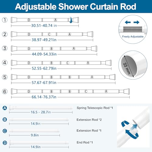 Spring Tension Curtain Rod for Window,White 31-76"Shower Rod - view 3