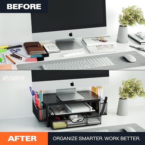 FlowMax Ergonomic Desk organizer Computer Monitor Stand -Improved XL Desk Drawer, File Paper Pencil Holders - Pro Posture Eye-Level Tension Relief - Anti-Slip Home Office Supplies Storage Stand for Laptop Monitor or Printer - view 4