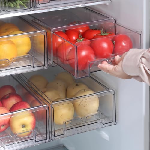 2 Pack Stackable Refrigerator Organizer Bins with Pull-Out Drawer, Clear BPA-Free Food Storage Containers for Fridge Freezer, Kitchen Pantry Cabinet & Bathroom Vanity Organization