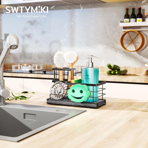 Kitchen Sink Caddy Organizer, Quick Dry Smiley Face Sponge Holder with Instant Drying Stone, Large Rustproof Sink Organizer for Kitchen Countertop Organization, Black - view 6