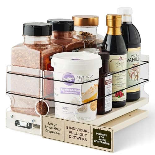 Large Pullout Sliding Spice Rack Organizer - 2 Individual 1 Tier Drawers - Premium Rolling Seasoning Holder/Caddy for Hidden Pantry Storage - Made in USA (6.9''W x 5.0" H x 10.6''D)