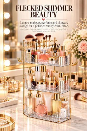 3-Tier Corner Makeup Organizer Countertop, Bathroom Counter Organizer with Removable Brush Holder, Upgraded Shrimmering Vanity Organizer & Shelf for Skincare, Perfume and Bathroom Storage - view 5