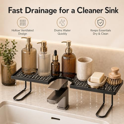 Behind the Faucet Sink Organizer, No-Drill over the bathroom sink shelf Tool-Free Compact Countertop Faucet Organizer Storage Rack Stand Hollowed-Out Bottom Easy Drainage For Kitchen Bathroom (Black) - view 3