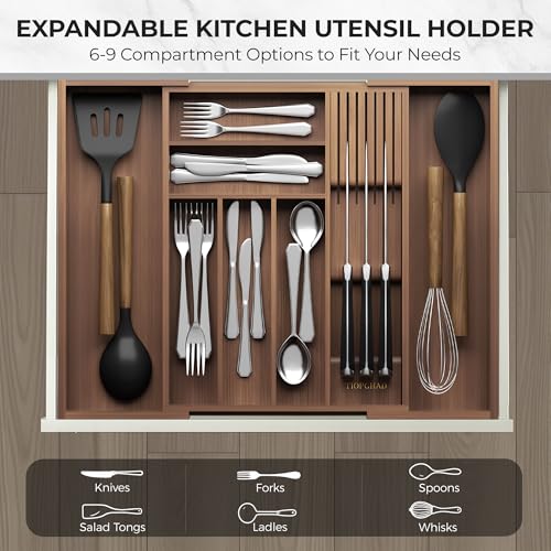 Expandable Bamboo Silverware Organizer with Knife Block, Brown - view 2