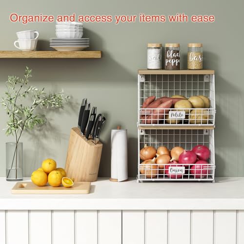 White Fruit Storage Basket for Kitchen Counter Set of 2, Wall Mount Wire Fruit Basket with Shelf with Banana Hanger, Hanging Countertop Organizer for Bathroom Pantry Cabinet, White + Natural - view 2