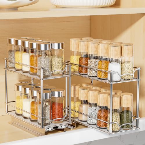 2 Pack Pull Out Spice Rack for Inside Cabinet, 2 Tier Chrome Spice Organization for Cabinet, Vertical Sliding Out Spice Rack Organizer for Seasoning, 10.4''D×4.8''W×9.3''H