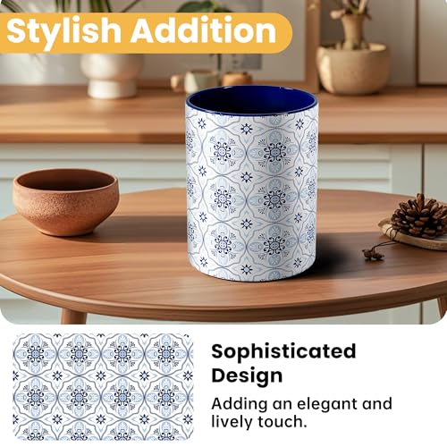 Ceramic Kitchen Utensil Holder for Countertop, Embossed Pattern Crock with Kiln-Fired Finish, Counter Organizer for Cooking Tools,Navy Blue - view 3