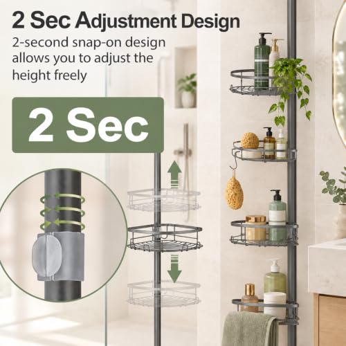 Shower Corner Caddy Organizer, Rustproof 4-Tier Tension Pole Shelf, Grey - view 3